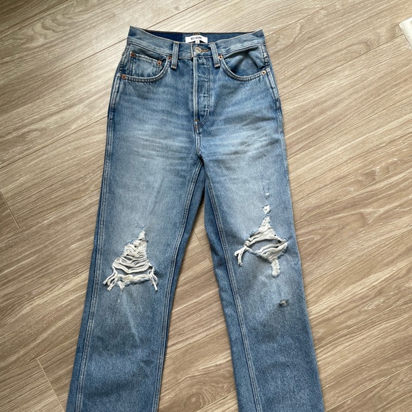 Redone 90s High Rise Loose Medium Destroyed Blue Wash Sz 24 100% Cotton EUC - Picture 5 of 13